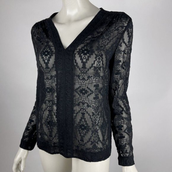 Rebecca Taylor Embroidered Silk Blouse Women 2 EUC V-neck Long Sleeve Sheer Top - Picture 3 of 12